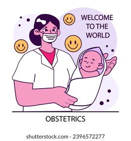 Obstetrician. Childbirth, obstetrics specialist holding a newborn. Female gynecologist, pediatrician or midwife cuddling a baby. Reproductive health. Flat vector illustration