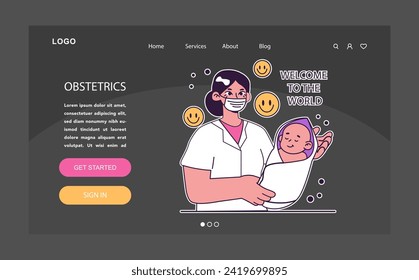 Obstetrician dark or night mode web, landing. Childbirth, obstetrics specialist holding a newborn. Female gynecologist, pediatrician or midwife cuddling a baby. Reproductive health. Flat vector