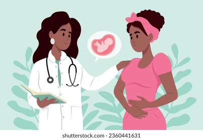 Médica obstetra consultando a una paciente mujer que espera un embarazo durante el chequeo.