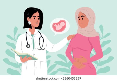 Obstetrician doctor consulting female patient expecting a baby about pregnancy during check up.