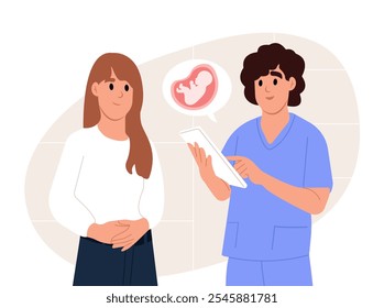 Obstetrician doctor consulting female patient expecting a baby about pregnancy during check up. Vector illustration in flat style