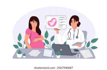 Obstetrician doctor consulting female patient expecting a baby about pregnancy during check up. Vector illustration in flat cartoon style