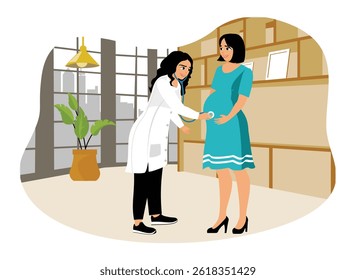 An obstetrician examines a pregnant woman at the clinic. Listening to the baby's heartbeat in the mother's womb. Flat vector illustration.