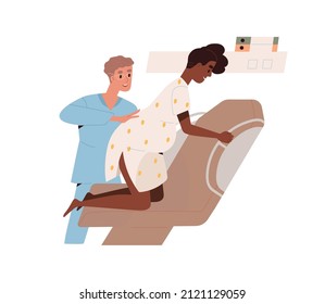 Obstetrician and pregnant woman during baby delivery in hospital. Child birth, labor in kneeling position in chair. Childbirth with doctor. Flat vector illustration isolated on white background.