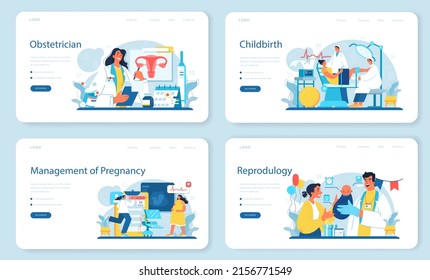 Obstetrician Web Banner Or Landing Page Set. Reproductologist And Reproductive Health. Gynecologist Doctor Examining Woman. Pregnancy Monitoring And Childbirth Process. Flat Vector Illustration