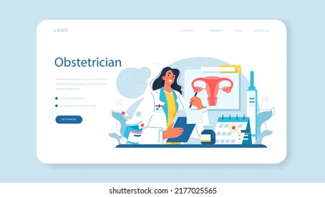 Obstetrician Web Banner Or Landing Page. Reproductologist And Reproductive Health. Gynecologist Doctor Examining Woman. Pregnancy Monitoring And Childbirth Process. Flat Vector Illustration