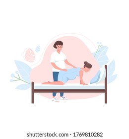 Obstetrician with woman flat color vector faceless character. Alternative birth professional support. Pregnancy help isolated cartoon illustration for web graphic design and animation