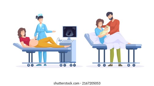 Obstetrics and childbirth assistance in maternity hospital set. Pregnant woman visiting hospital, doctor monitoring her health with ultrasonic device. Happy couple with newborn baby after childbirth