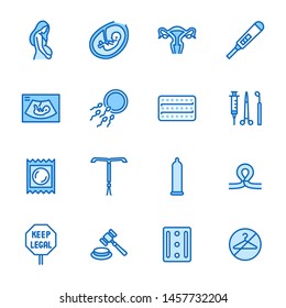 Obstetrics clinic flat line icons set. Abortion protest, baby ultrasound, embryo, fetus, pregnant woman, contraception vector illustrations. Outline medical signs. Editable Strokes.