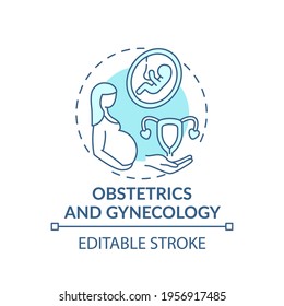Obstetrics and gynecology blue concept icon. Expectant mother. Pregnancy care. Female healthcare. Family doctor idea thin line illustration. Vector isolated outline RGB color drawing. Editable stroke