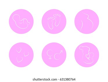 Obstetrics and gynecology. Family planning icons. Pregnant woman. Childbirth, Maternity and child care. Mother's love. Vector illustration.