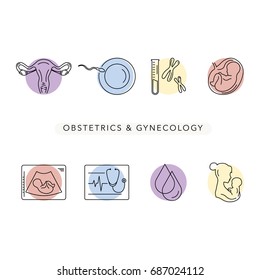 Obstetrics and gynecology vector line icons. Preparing a woman for pregnancy and labor. Health medical and care newborn. Diagnostic equipment, medical tools. Breastfeeding and Motherhood.