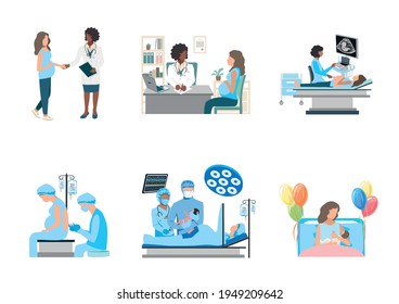 Obstetrics and gynecology vector set. An ultrasound is done to a pregnant woman. The doctor and nurses perform a caesarean section under epidural anesthesia. Birth of a child. Pregnancy and childbirth