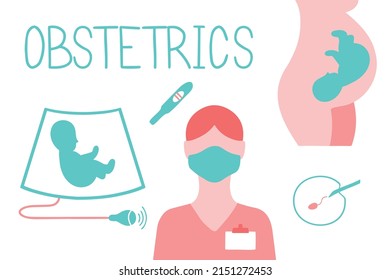 Obstetrics icons set. Ultrasound, artificial fertilization, pregnancy, fetus,  embryo in woman's belly, pregnancy test.