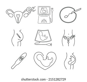 Obstetrics icons set. Ultrasound, artificial fertilization, pregnancy, fetus, cesarian section, intrauterine insemination, pregnancy test, embryo in woman's belly, embryo on ultrasound. 