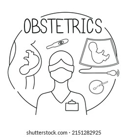 Obstetrics icons set. Ultrasound, artificial fertilization, pregnancy, fetus,  embryo in woman's belly, pregnancy test.