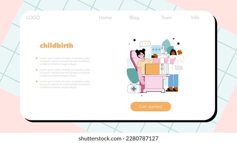 Obstetrics web banner or landing page. Prenatal clinic service, doctor assisting in childbirth. Pregnancy monitoring and management. Flat vector illustration