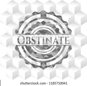 Obstinate grey badge with geometric cube white background
