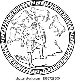 Obtain the cattle of the monster Geryon. 12 Labours of Hercules Heracles. Myths Of Ancient Greece illustration