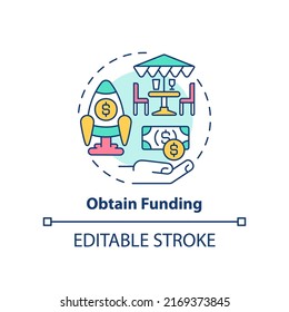 Obtain funding concept icon. Start restaurant journey abstract idea thin line illustration. Business loans. Get financing. Isolated outline drawing. Editable stroke. Arial, Myriad Pro-Bold fonts used