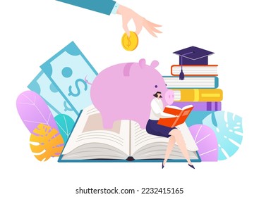 Obtain knowledge education investment, tiny woman sitting open book and read textbook flat vector illustration, isolated on white.