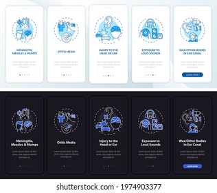 Obtained deafness onboarding mobile app page screen with concepts. Otitis media walkthrough 5 steps graphic instructions. UI, UX, GUI vector template with linear night and day mode illustrations