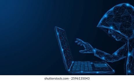 Obtaining access to personal data. The hacker examines the information on the laptop screen. Low-poly design of lines and dots. Blue background.