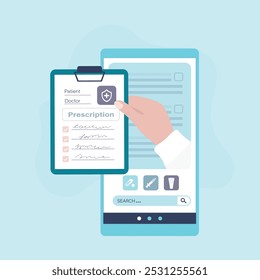 Obtaining or buying prescription drugs. Telemedicine and pharmacy concept, healthcare. Doctor hand give online prescription. Cell phone with drug store online application. flat vector illustration
