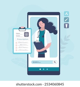 Obter ou comprar medicamentos com receita médica. Conceito de telemedicina e farmácia, saúde. Médica mulher ou farmacêutica detém prescrição on-line. Telefone celular com aplicação on-line de farmácia. vetor plano