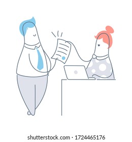 Obtaining a certificate, permission, license, document with a seal from a government agency. A man receives stamped paper from a woman at the table. Flat outline vector illustration on white.