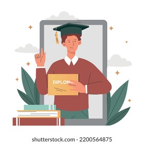 Obtaining diploma concept. Successful and talented student on smartphone screen. Graduate with document. Training, learning and education. Award and achievement. Cartoon flat vector illustration