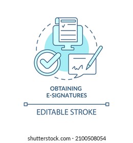 Obtaining e-signatures turquoise concept icon. Digitally signing document abstract idea thin line illustration. Isolated outline drawing. Editable stroke. Roboto-Medium, Myriad Pro-Bold fonts used