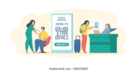 Obtaining immune passport. Male character being vaccinated against coronavirus. Woman in mask shows certificate to controller airport. Mandatory vaccines for international travel. Vector flat concept