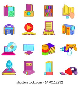 Obtaining information icons set. Cartoon set of 16 obtaining information vector icons for web isolated on white background