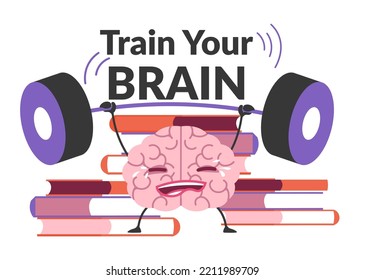 Obtaining knowledge and training your brain, education and feeding thoughts, Reading books and learning new skills, improvement and self development. Mind character working out. Vector in flat style