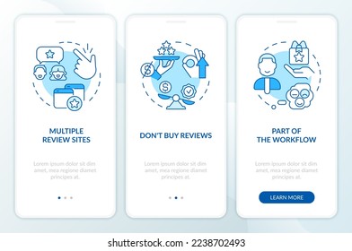 Obtaining online feedback blue onboarding mobile app screen. Walkthrough 3 steps editable graphic instructions with linear concepts. UI, UX, GUI template. Myriad Pro-Bold, Regular fonts used