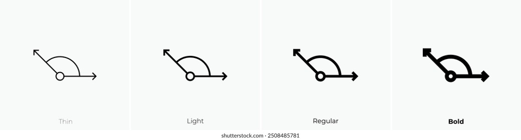 ícone de ângulo obtuso. Design fino, leve, regular e negrito, isolado no fundo branco