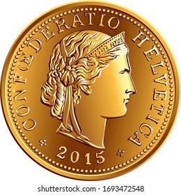 Obverse of 5 centimes gold coin Swiss franc with head of Liberty and legend CONFOEDERATIO HELVETICA, official coin in Switzerland and Liechtenstein