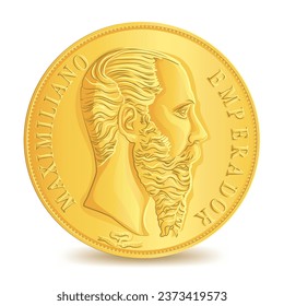 Obverse of Antique mexican maxmilian twenty pesos gold coin isolated on white background in vector illustration