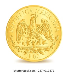 Obverse of Antique mexican republic eagle gold coin isolated on white background in vector illustration