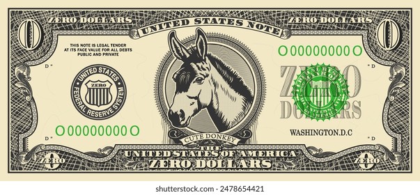 Obverse of fictional paper banknote with denomination of zero dollars. Vintage US money with security elements and guilloche mesh. Cash with nothing value. Portrait of cute Donkey