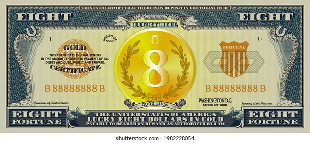Obverse of the gold certificate lucky eight US dollars. Paper souvenir banknote with a golden coin in the center