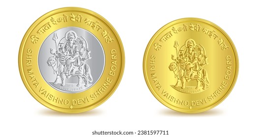 La moneda de diez rupias y cinco rupias doradas de la india de la plata dorada aislada sobre fondo blanco en ilustración vectorial. Traducción: "Tarjeta Shri Mata Vaisno Devi Shrine"