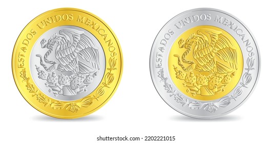 Obverse of golden silver mexican peso coins isolated on white background in vector illustration