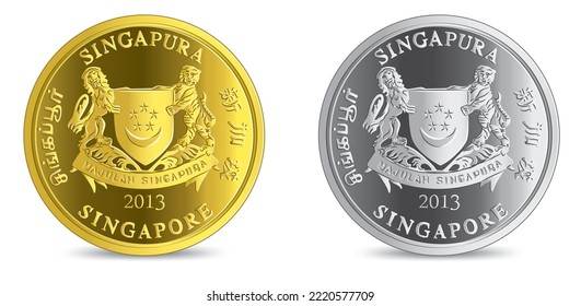 Obverse of Golden and silver Singapore cents coins isolated on white background in vector illustration. Translation: "Singapore"