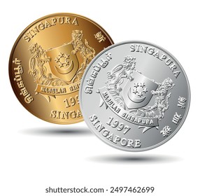 Obverse of Golden and silver Singapore cents coins. Translation: "Singapore". Vector.