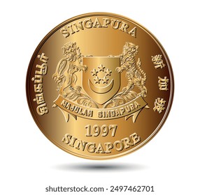 Obverse of golden Singapore cent coin. Translation: "Singapore". Vector.