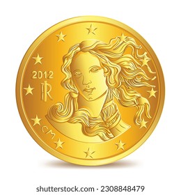 Obverse of Italian Botticelli ten euro cent(Birth of venus) coin isolated on white background in vector illustration