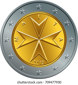 Obverse Maltese money gold two euro coin with the image of Maltese cross