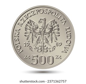 Obverse Polish money, five hundred zloty silver coin. Vector illustration.